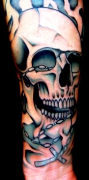 Rosary colorful skull  tattoo on forearm