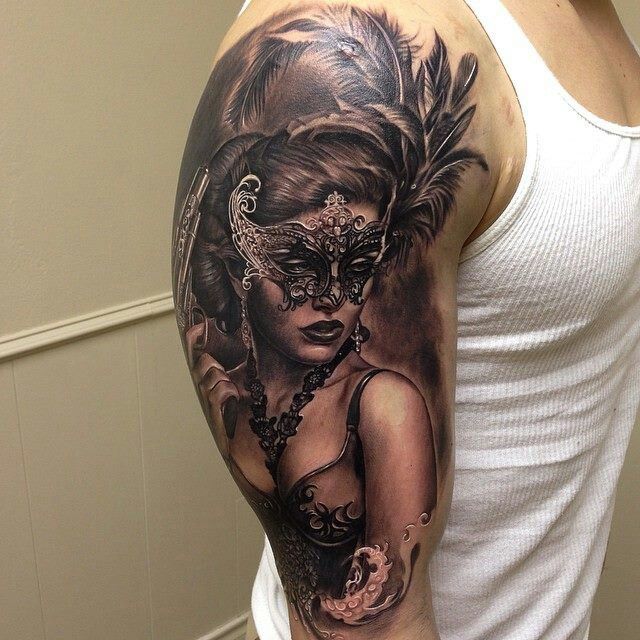Venetian Masked Girl Tattoo on Sleeve