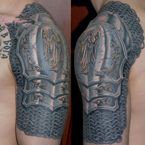 Virgin Mary Armor Tattoo On Half Sleeve
