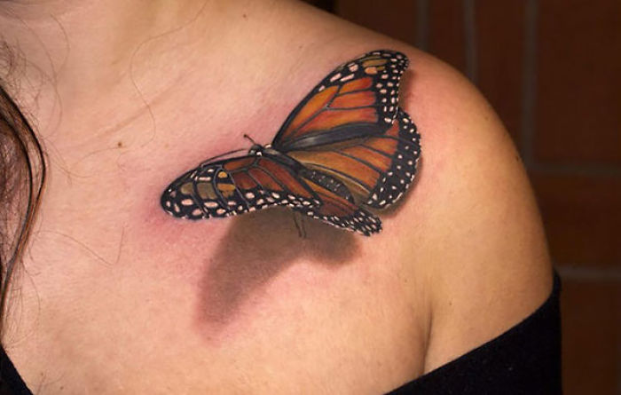 3D Butterfly Tattoo On Front Shoulder