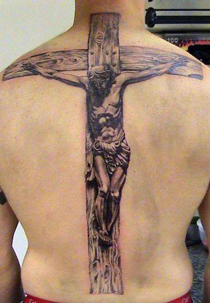 3D Crucified Jesus Cross Tattoo On Man Back