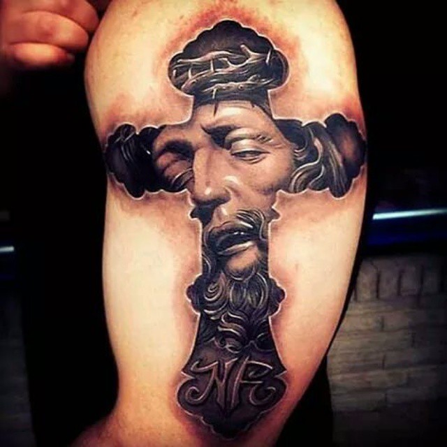 3D Jesus Face In Cross Tattoo On Man Half Sleeve
