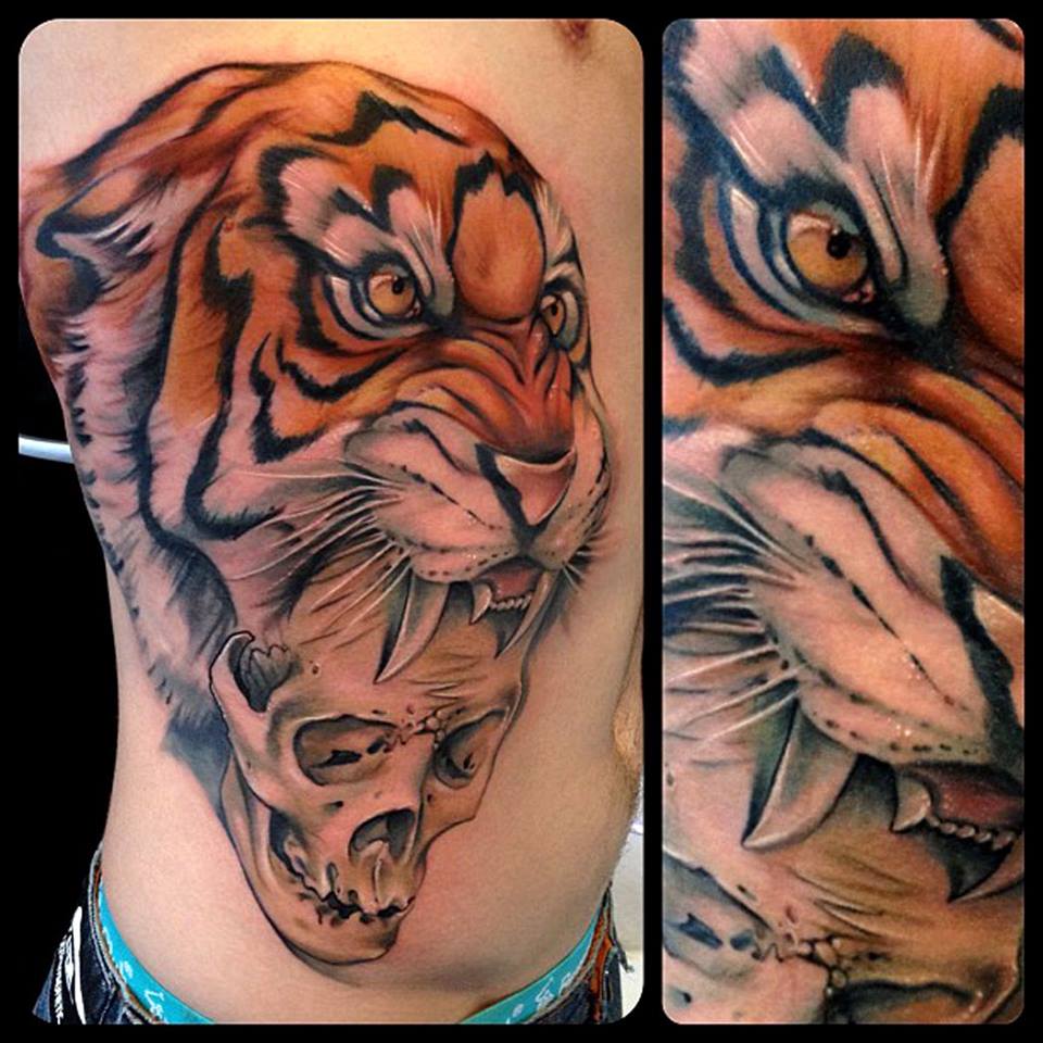 3D Skull In Tiger Mouth Tattoo On Side Rib