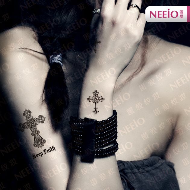 Amazing Black Cross Tattoo On Girl Wrist & Half Sleeve