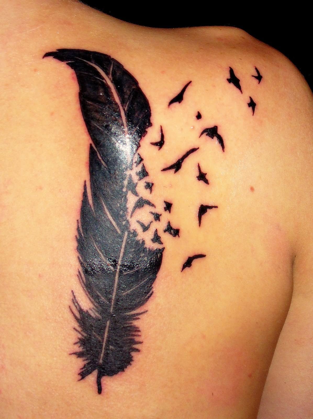 Amazing Black Feather Tattoo On Right Shoulder