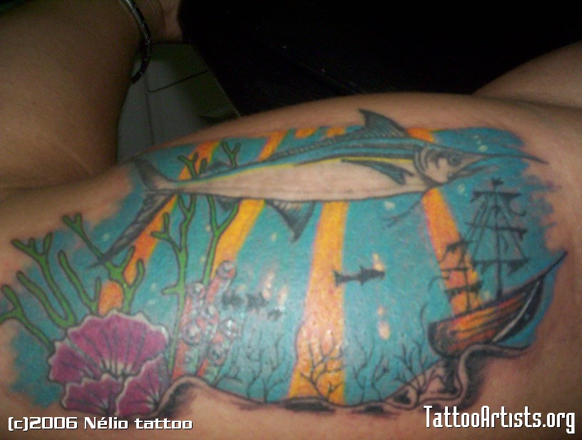 Amazing Colorful Shark With Ship In Ocean Tattoo on Half Sleeve