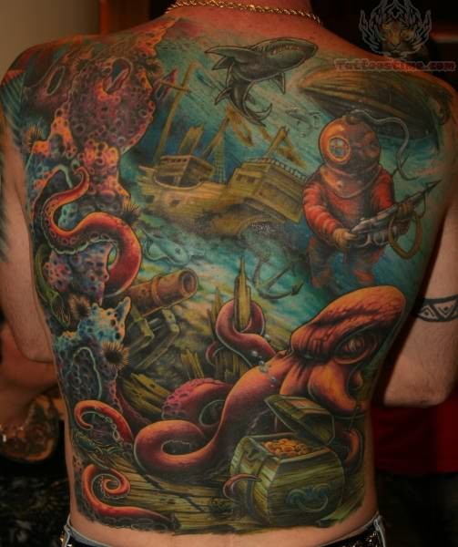 Amazing Colorful Underwater Ocean View Tattoo On Full Back