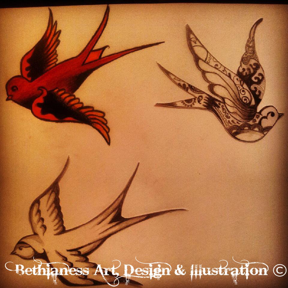 Amazing Three Flying Swallow Tattoo Design By Bethia Santi Wentworth