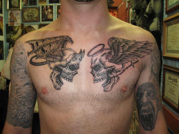 Angel And Demon Skull With Wings Tattoo On Chest For Men