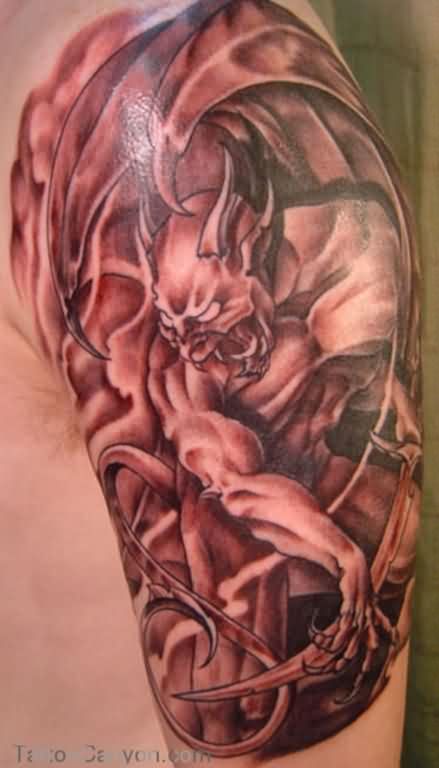 Angry Gargoyle Tattoo On Left Half Sleeve