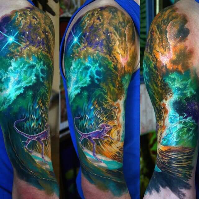 Awesome Colorful Underwater Ocean View Tattoo On Half Sleeve