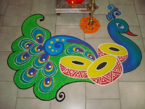Awesome Peacock Rangoli Design For Diwali