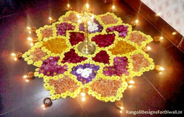 Beautiful Flowers Rangoli And Diyas For Diwali  Picture