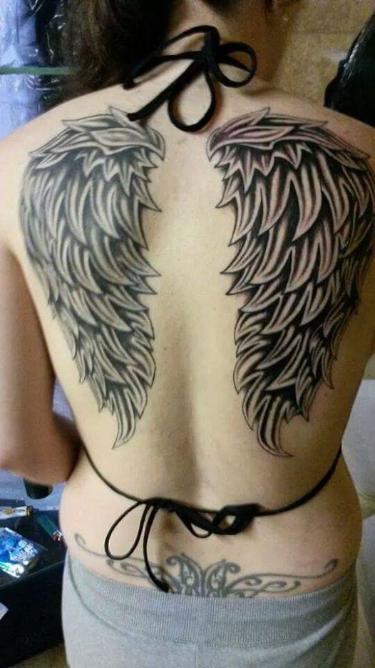 Beautiful Grey Ink angel Wings Back Body Tattoo