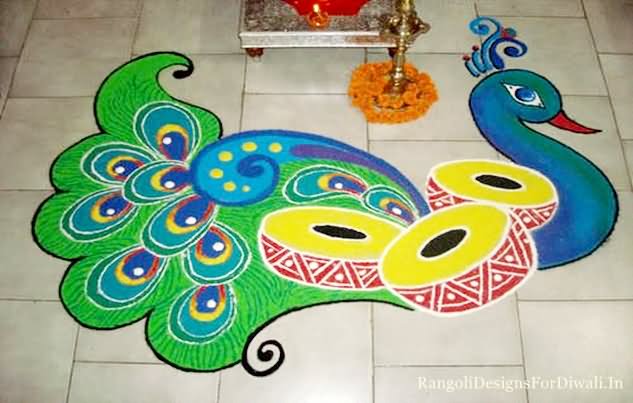 Beautiful Peacock Rangoli Design For Diwali