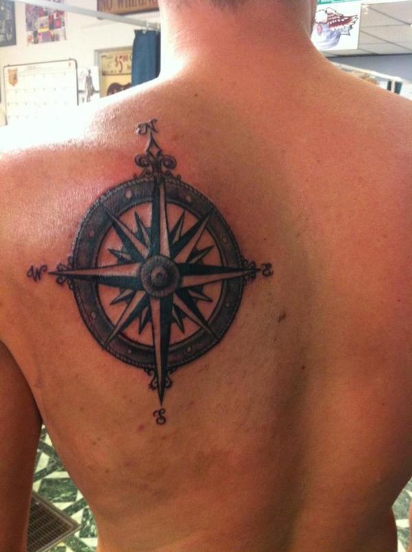 Black 3D Compass Tattoo On Man Left Back Shoulder