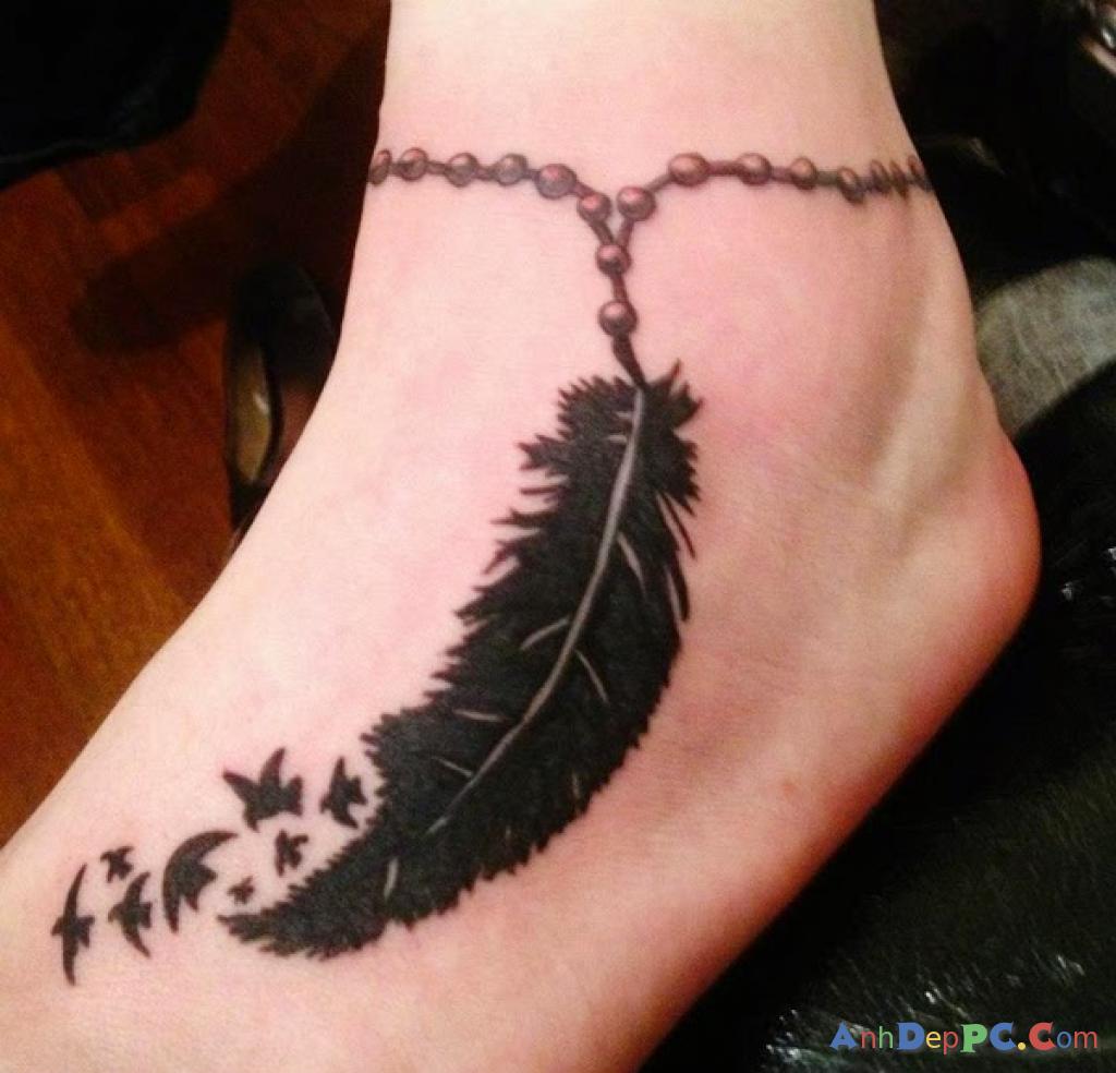 Black 3D Feather Tattoo On Foot