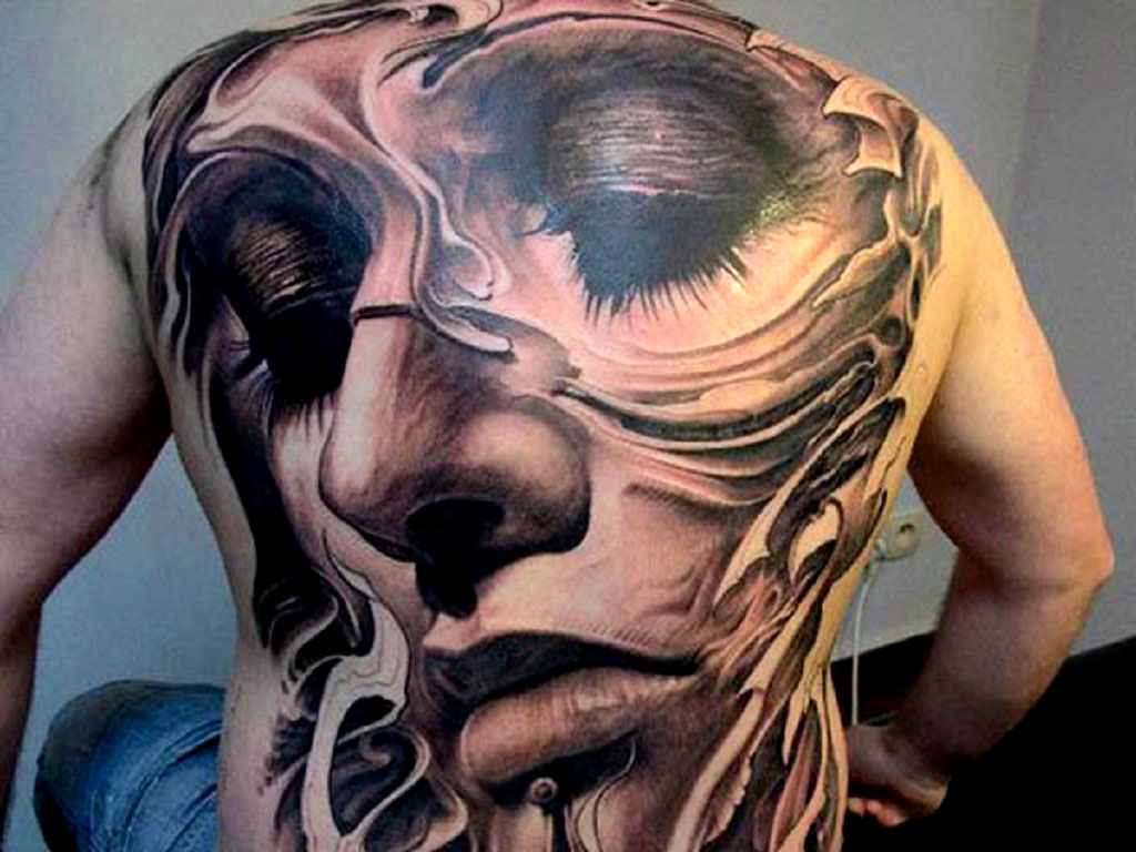 Black And Grey 3D Girl Face Tattoo On Man Back