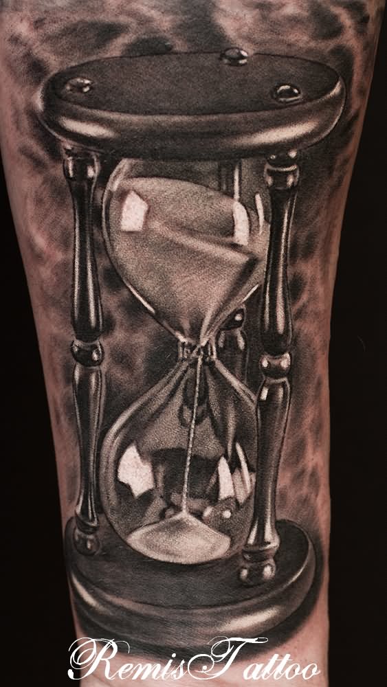 Black And Grey 3D Hourglass Tattoo On Forearm By Remistattoo