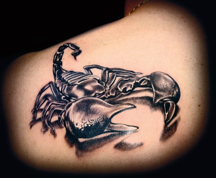Black And Grey 3D Scorpion Tattoo On Left Back Shoulder