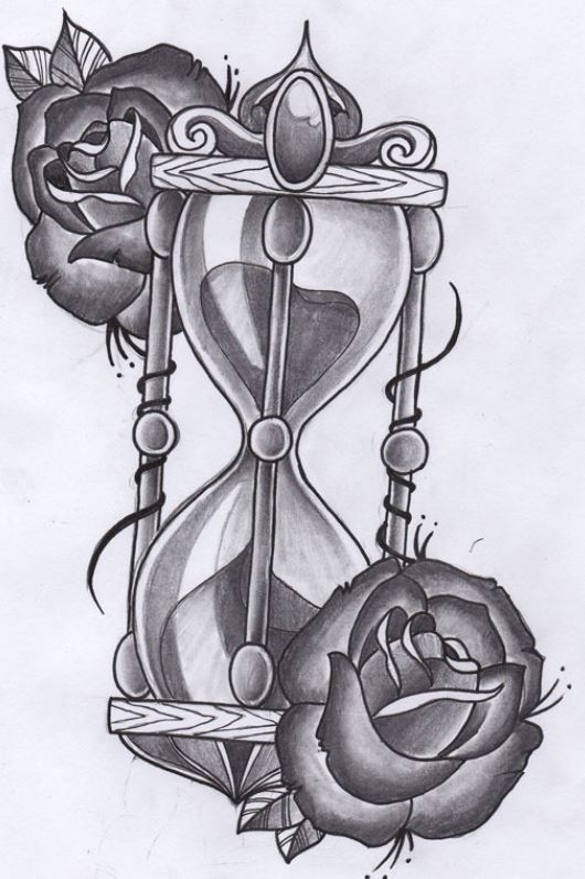 Black And Grey Amazing Hourglass With Rose Tattoo Design