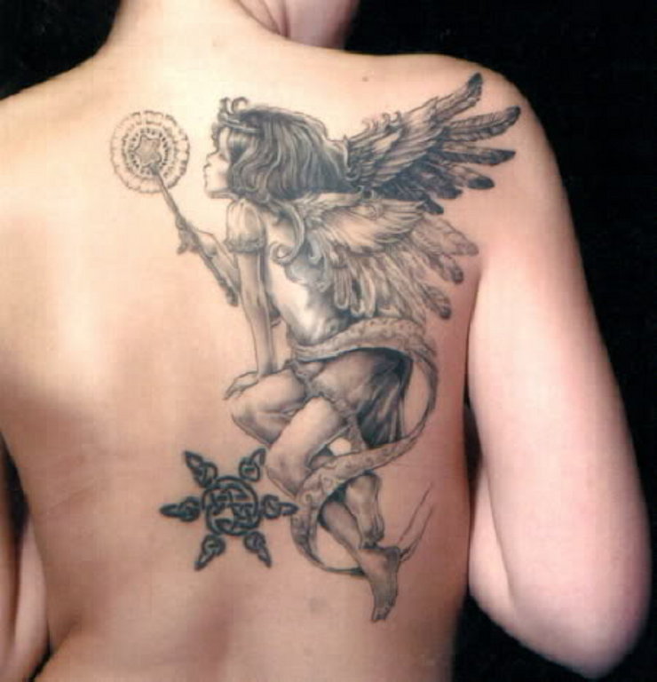 Black And Grey Angel Tattoo On Girl Back