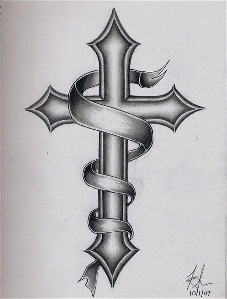 Black And Grey Cross With Ribbon Tattoo Design