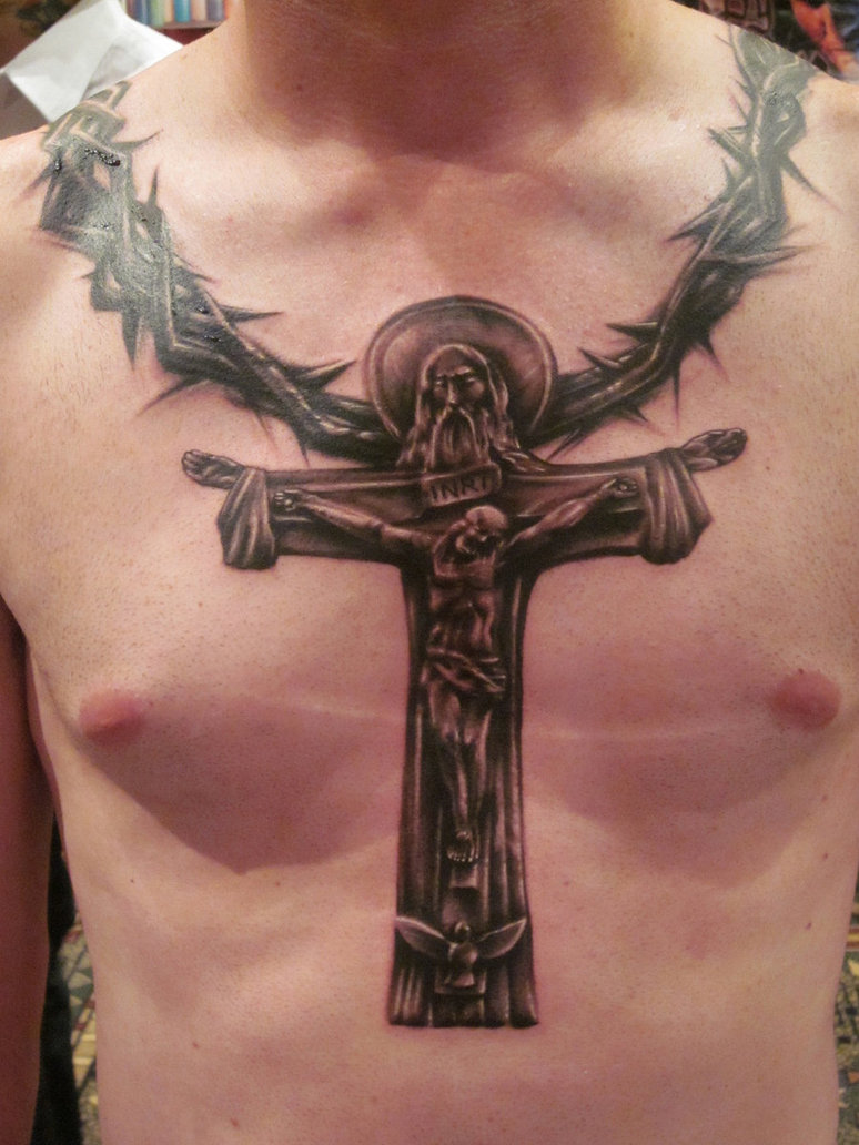 Black And Grey Crucified Jesus Cross Tattoo On Man Chest
