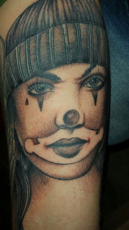 Black And Grey Crying Gangster Clown Girl Tattoo Image