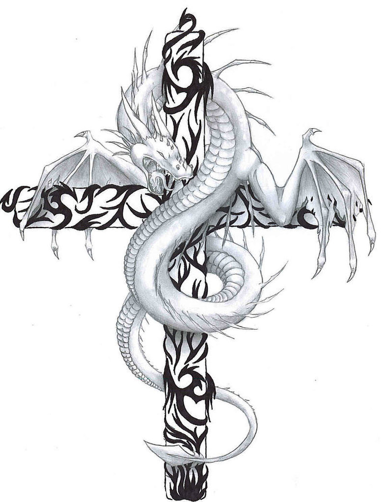 Black And Grey Dragon With Cross Tattoo Design