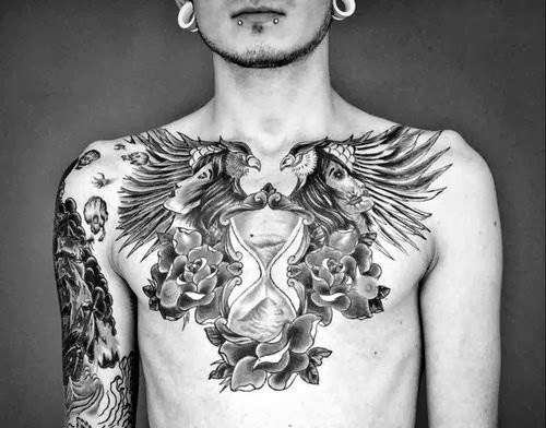 Black And Grey Hourglass With Eagles & Roses Tattoo On Man Chest