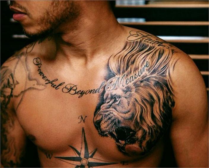 Black And Grey Lion Tattoo On Chest