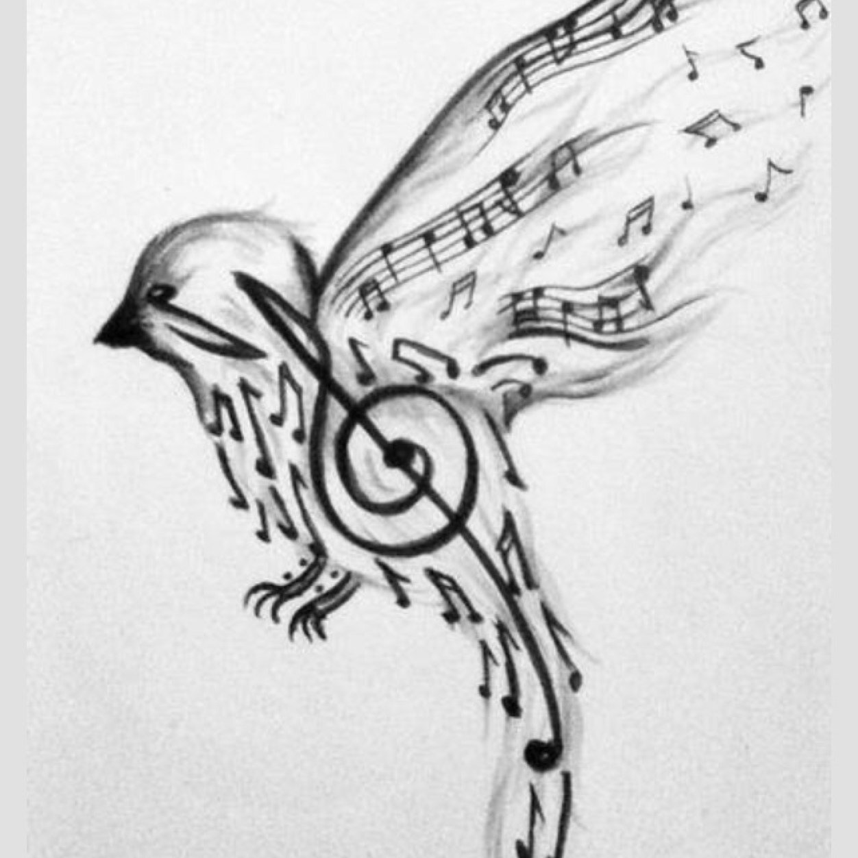 Black And Grey Music Note In Flying Swallow Tattoo Design