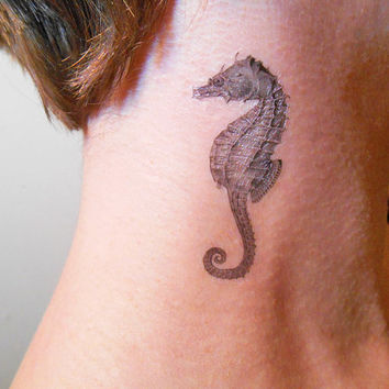 Black And Grey Ocean Seahorse Tattoo On Side Neck