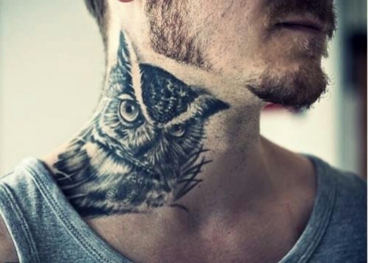 Black And Grey Owl Tattoo On Man Neck