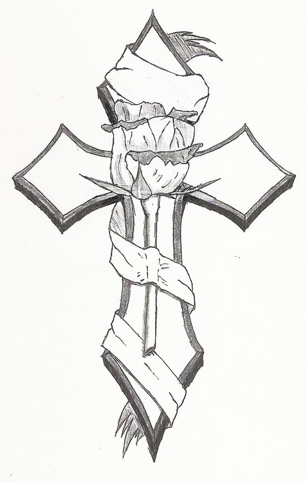 Black And Grey Rose In Cross Tattoo Design By Fallingdagger99