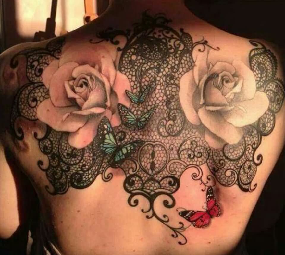 Black And Grey Rose Lace Tattoo On Girl Back