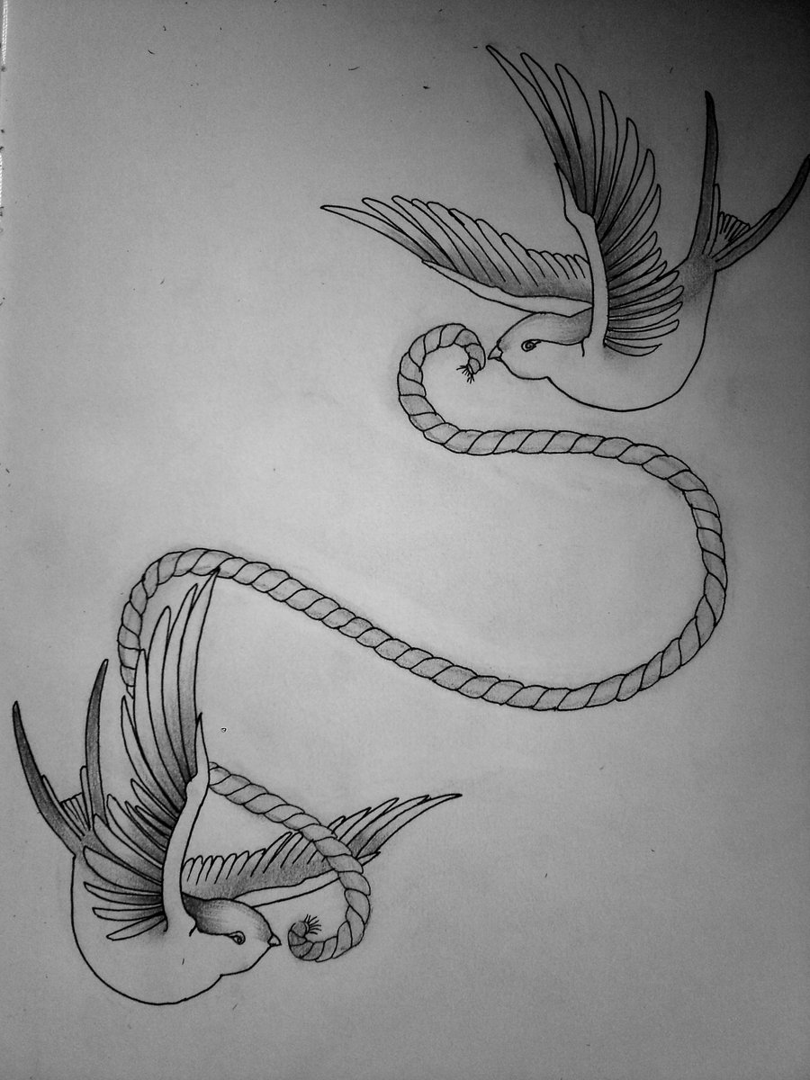 Black And Grey Two Flying Swallows Rope In Beak Tattoo Design By Kirsty Noelle Davies