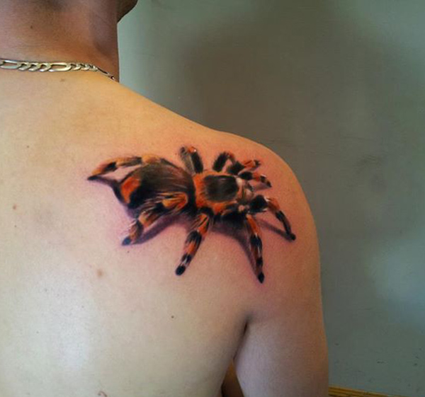 Black And Red Color 3D Spider Tattoo On Right Back Shoulder