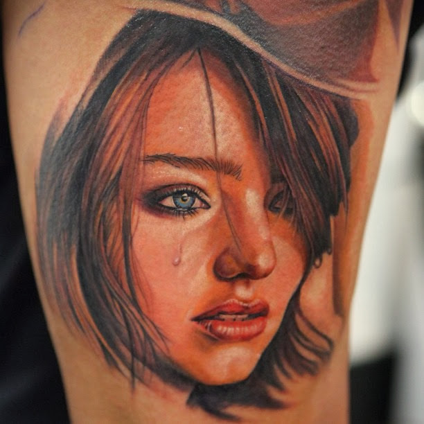 Black And Red Crying Girl Portrait Tattoo
