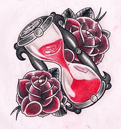 Black And Red Hourglass With Roses Tattoo Design By Kirzten