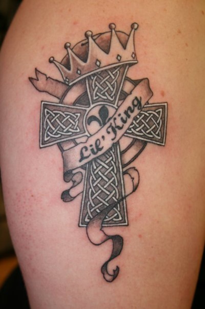 Black And White Amazing Cross With Crown Tattoo Design