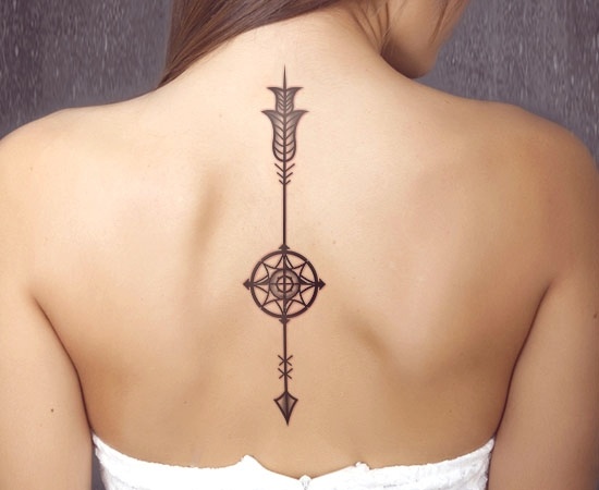 Black Arrow With Compass Tattoo On Back