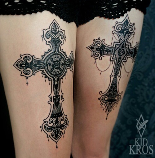 Black Christian Cross Tattoo On Thigh By Kid Kros