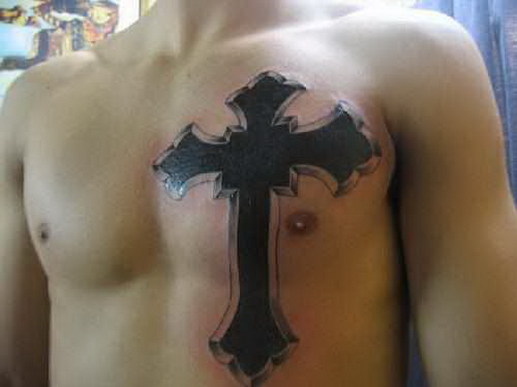 Black Cross Tattoo On Man Chest