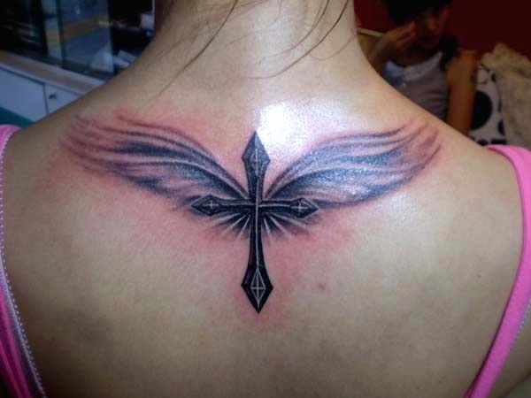 Black Cross With Wings Tattoo On Girl Back