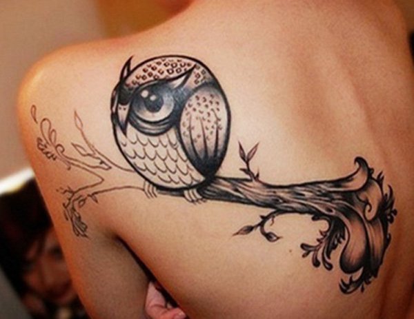 Black Cute Owl Tattoo On Left Back Shoulder By Vanessa