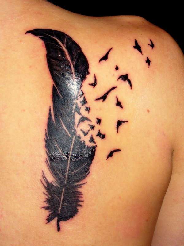 Black Feather And Flying Birds Tattoo On Right Back Shoulder