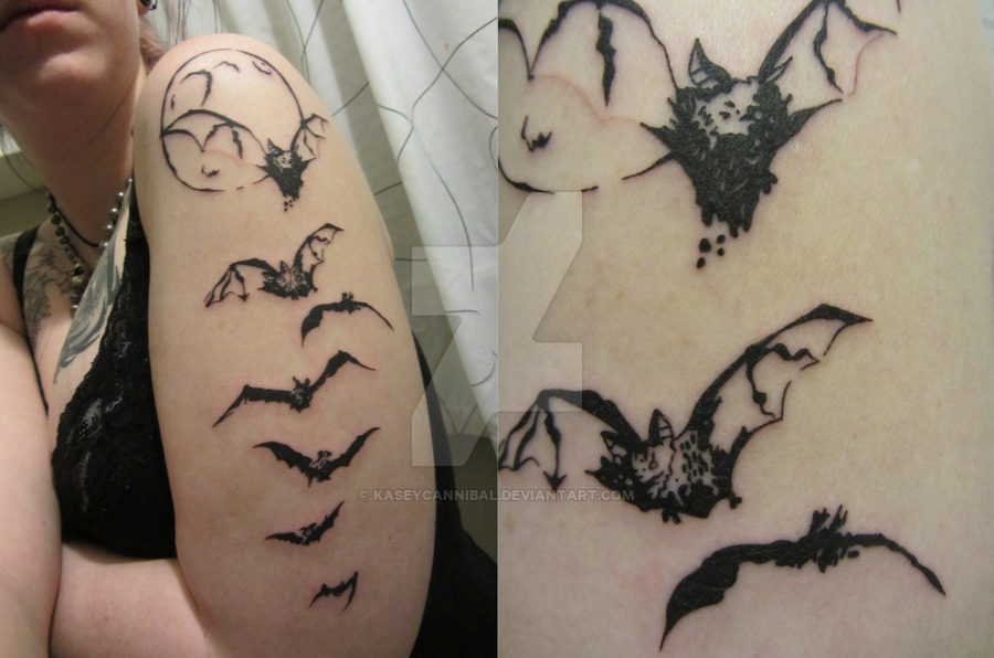 Black Flying Bats Tattoo On Half Sleeve By Kasey Lynne