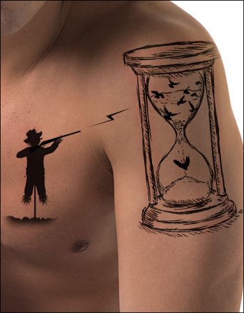 Black Flying Bird In Hourglass Tattoo On Man Left Shoulder